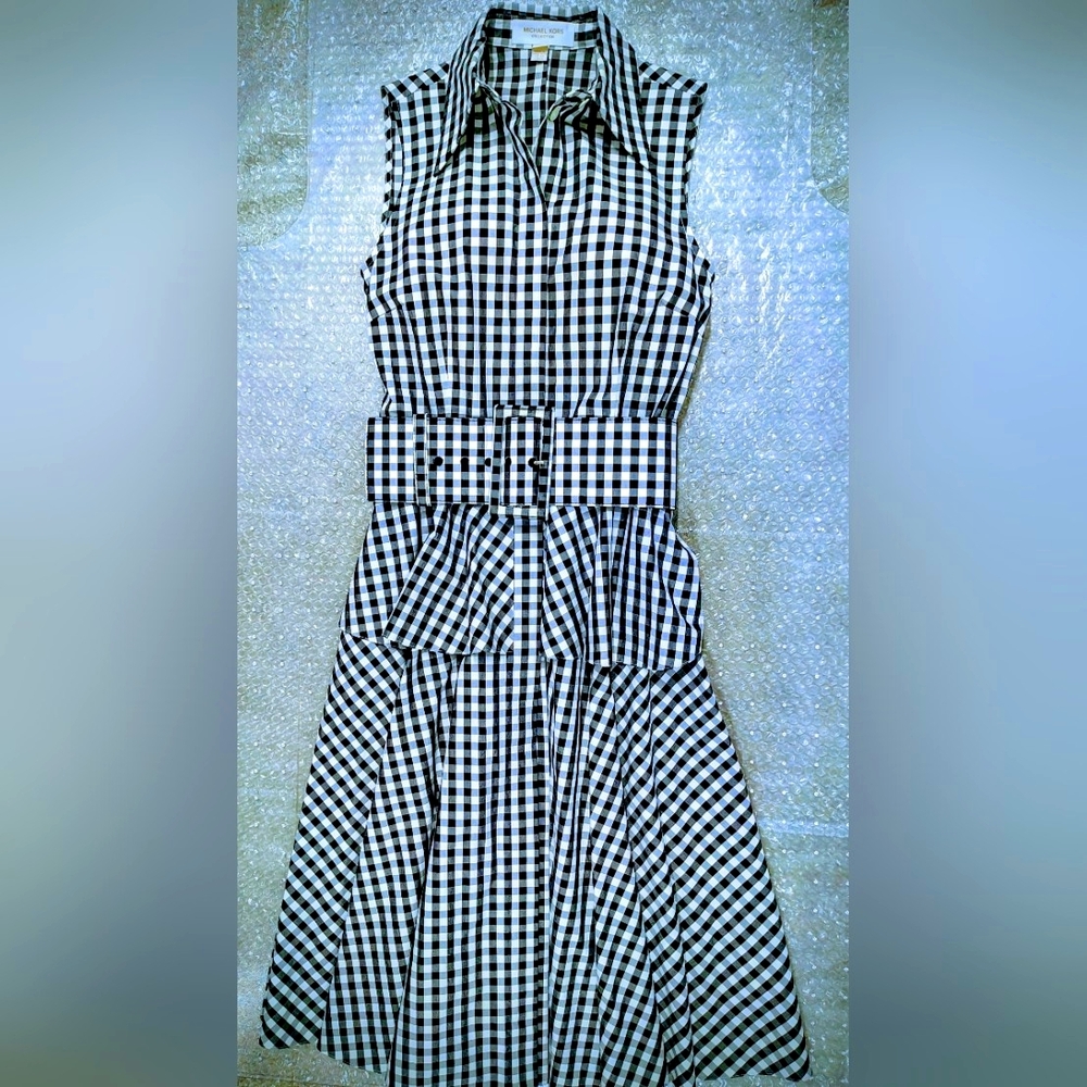 MICHAEL KORS COLLECTION Gingham Peplum Belted Shirtdress B/W, Sz 2 NWOT